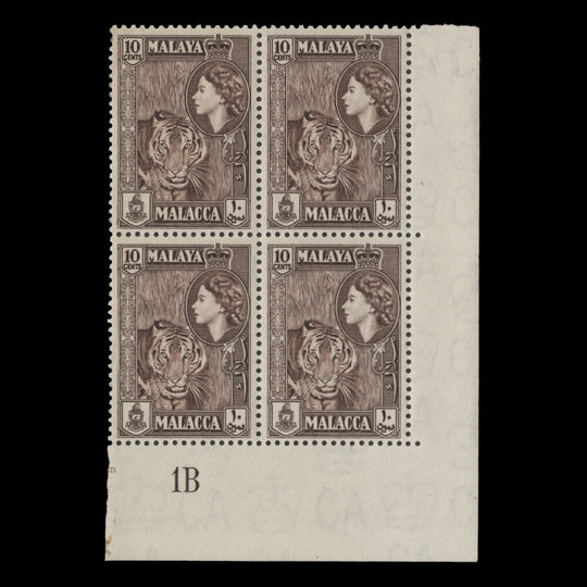 Malacca 1957 (MLH) 10c Tiger plate 1B block