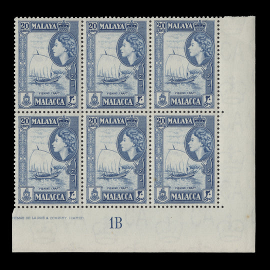 Malacca 1957 (MLH) 20c Fishing Craft imprint/plate 1B block