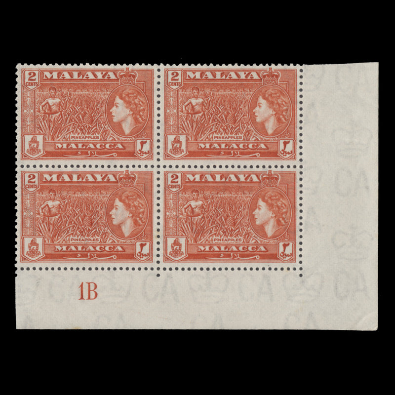 Malacca 1957 (MLH) 2c Pineapples plate 1B block