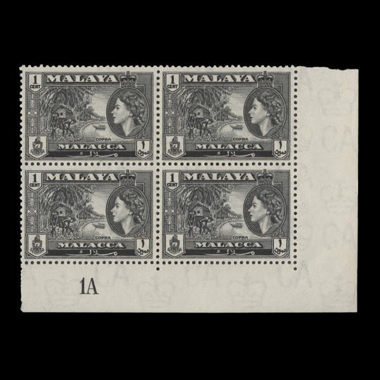 Malacca 1957 (MLH) 1c Copra plate 1A block