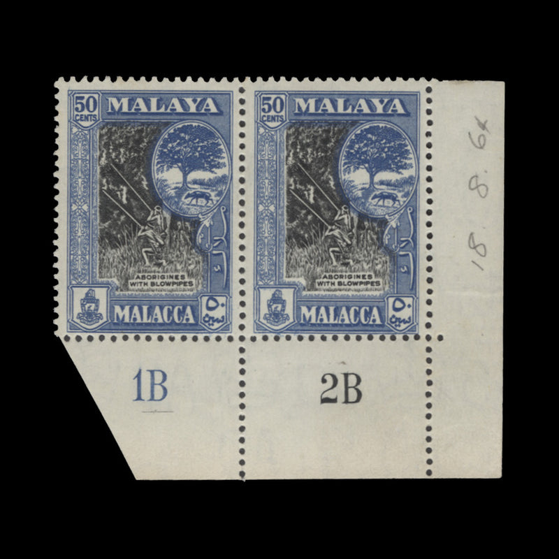 Malacca 1962 (MLH) 50c Aborigines with Blowpipes plate 1B–2B pair