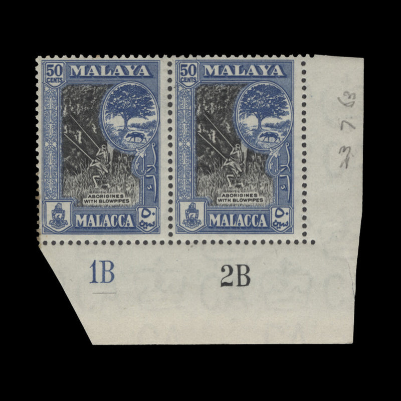 Malacca 1962 (MLH) 50c Aborigines with Blowpipes plate 1B–2B pair