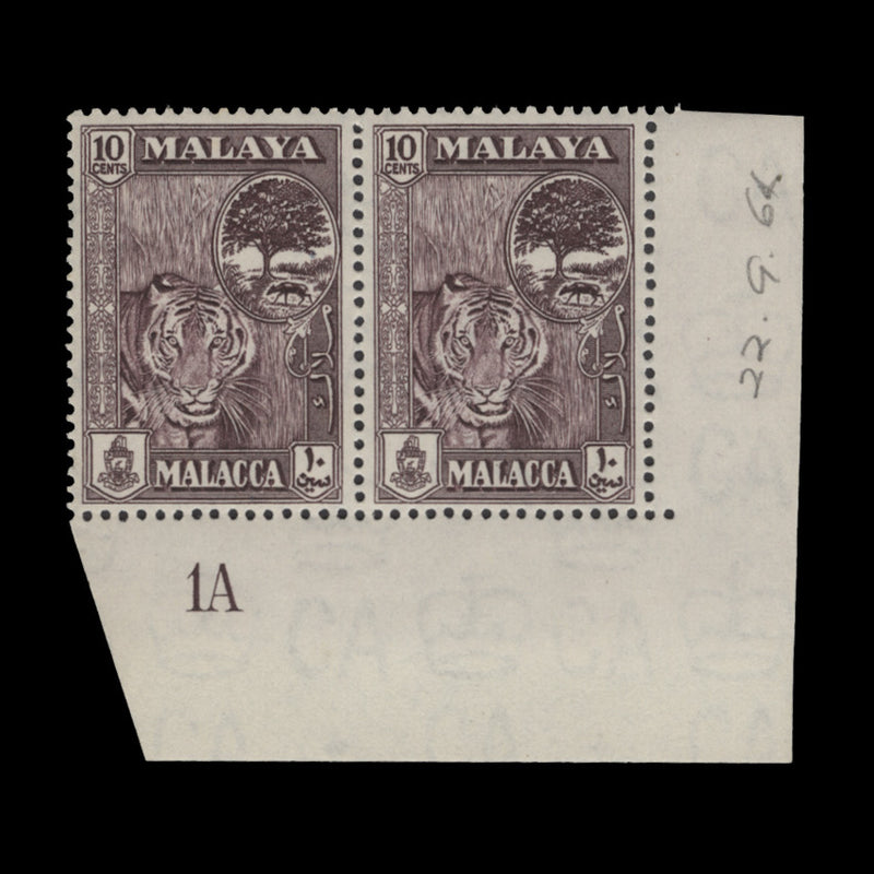 Malacca 1960 (MLH) 10c Tiger plate 1A pair