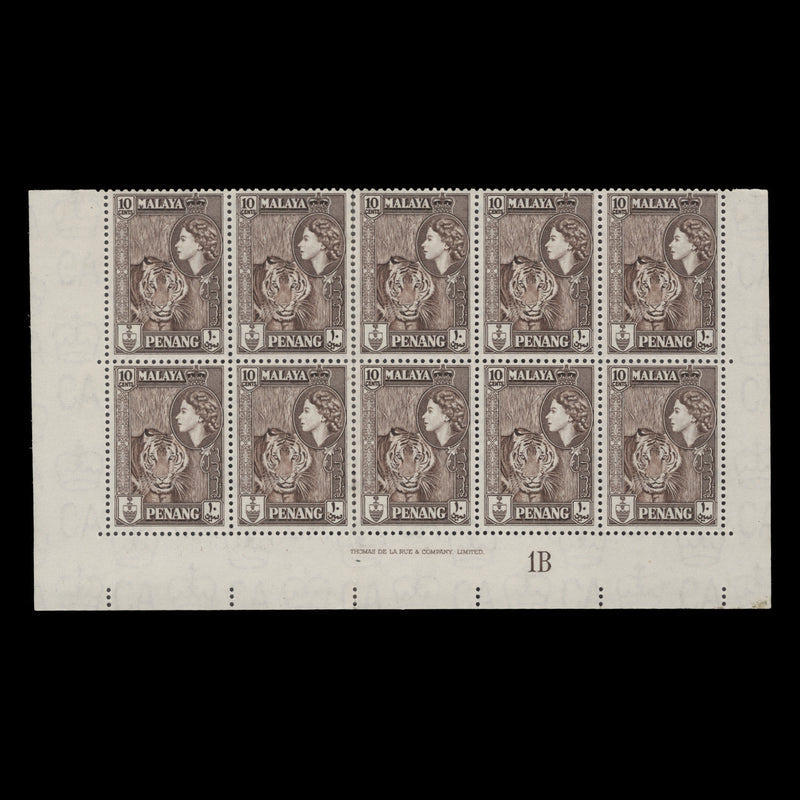 Penang 1957 (MHH) 10c Tiger imprint/plate 1B block