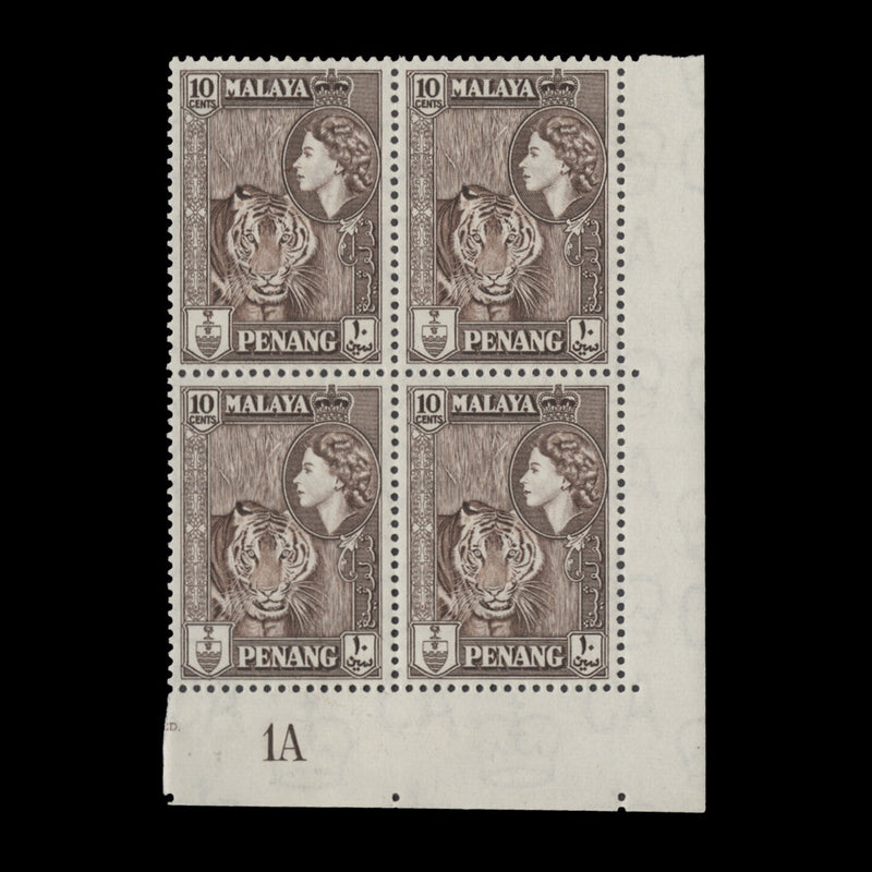 Penang 1957 (MLH) 10c Tiger plate 1A block