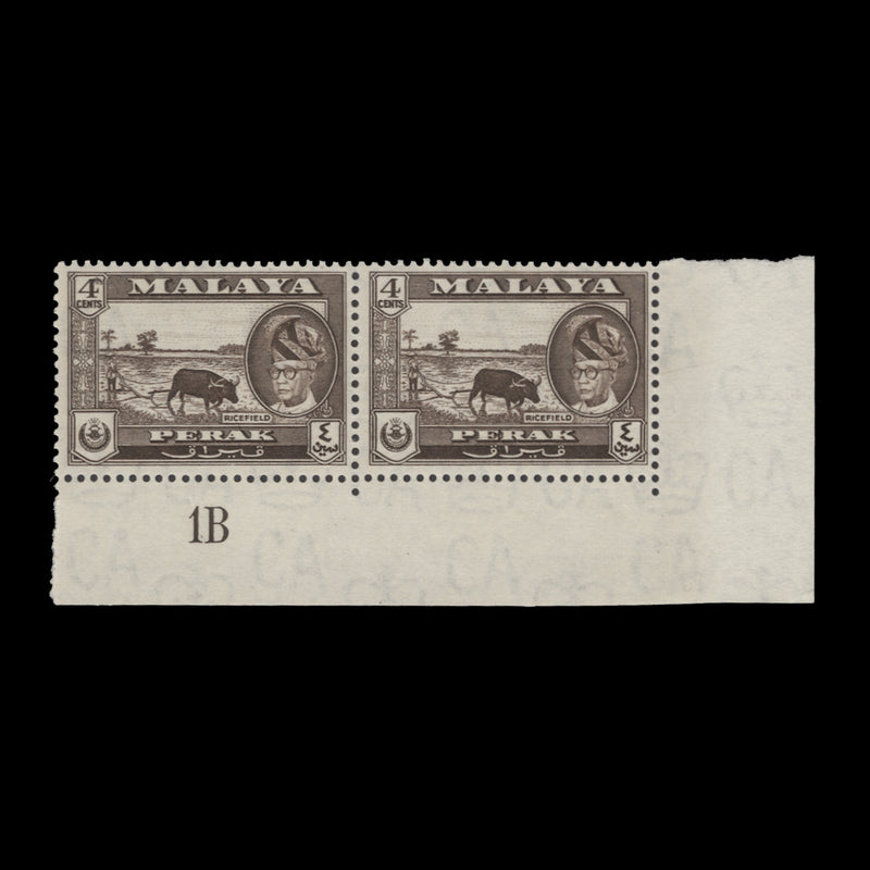 Perak 1957 (MLH) 4c Ricefield plate 1B pair