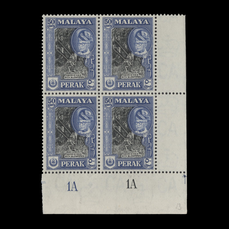 Perak 1960 (MLH) 50c Aborigines with Blowpipes plate 1A–1A block