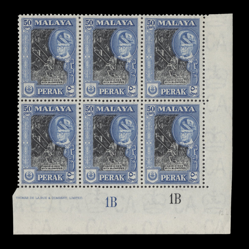 Perak 1957 (MLH) 50c Aborigines with Blowpipes plate 1B–1B block