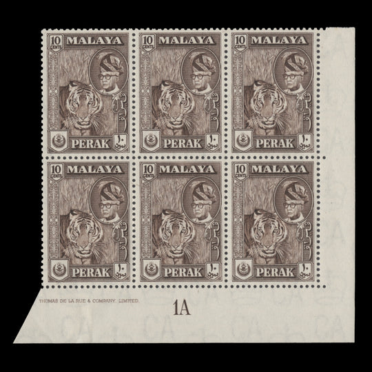 Perak 1957 (MLH) 10c Tiger imprint/plate 1A block, deep brown