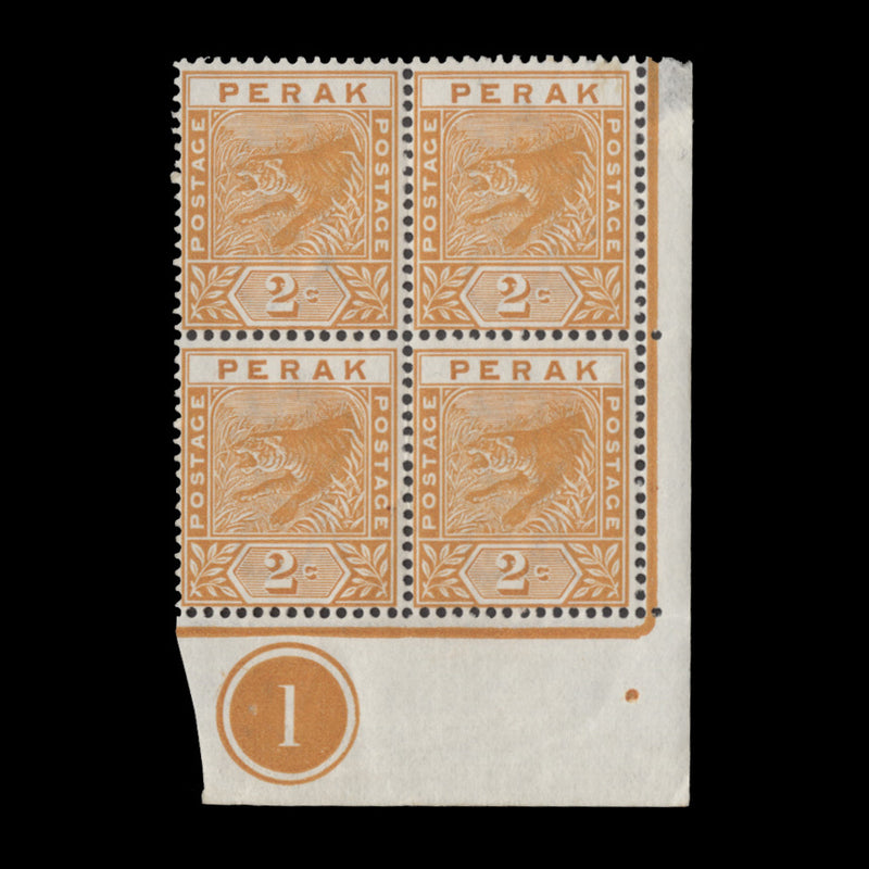 Perak 1895 (MNH) 2c Leaping Tiger plate 1 block