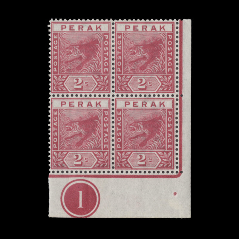 Perak 1892 (MLH) 2c Leaping Tiger plate 1 block