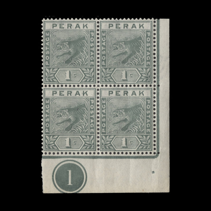 Perak 1892 (MNH) 1c Leaping Tiger plate 1 block