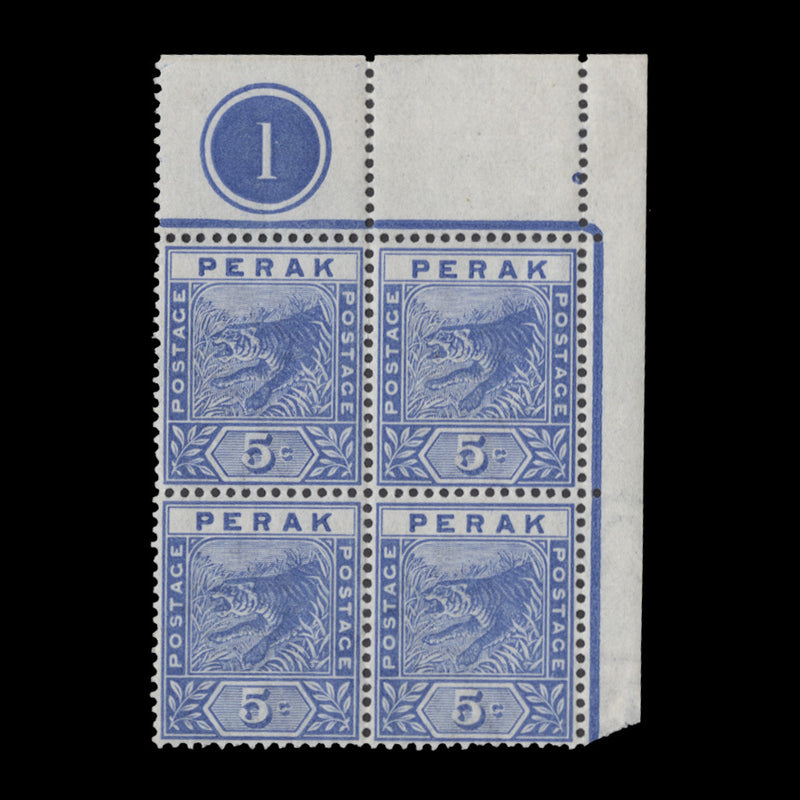 Perak 1892 (MLH) 5c Leaping Tiger plate 1 block