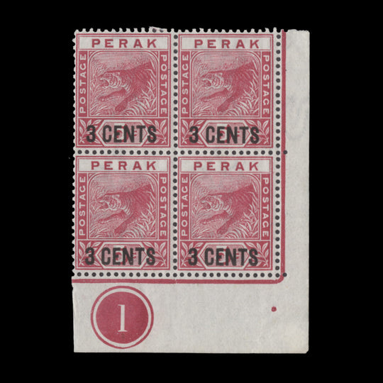 Perak 1895 (MLH) 3c/2c Leaping Tiger plate 1 block