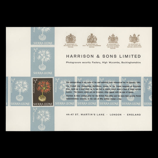 Sierra Leone 1963 (Unused) ½d Fireball Lily presentation card