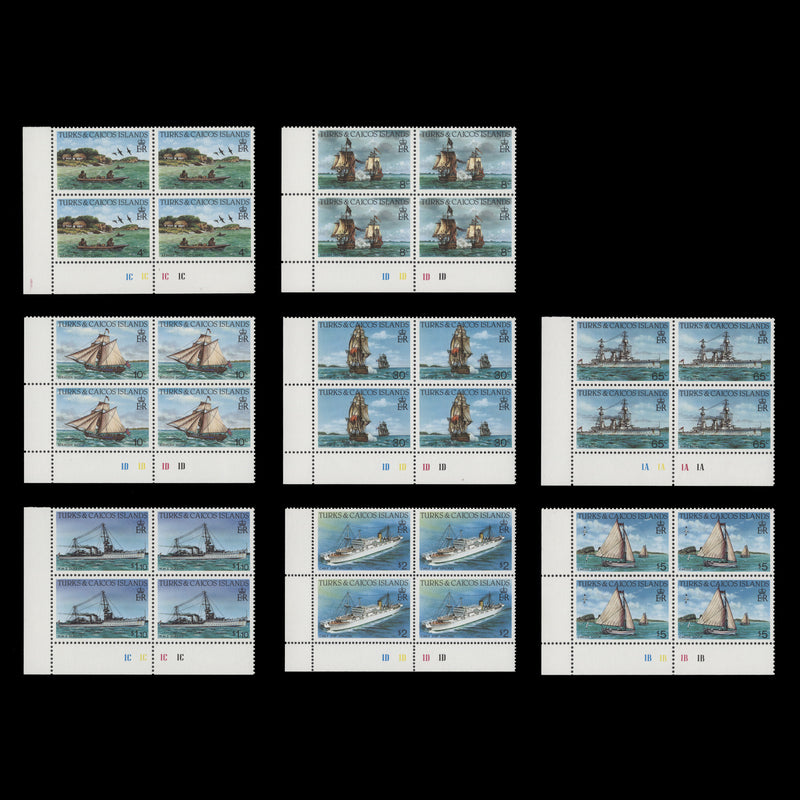 Turks & Caicos Islands 1985 (MNH) Ships plate blocks, perf 12½ x 12