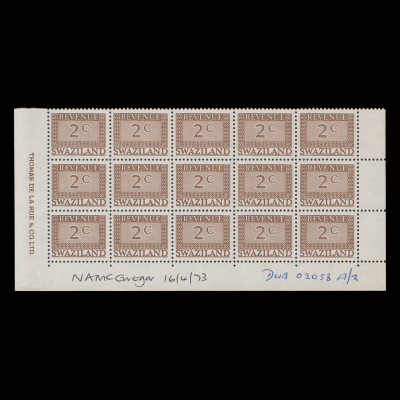 Swaziland 1973 (MNH) 2c Revenue imprint block from DLR archives