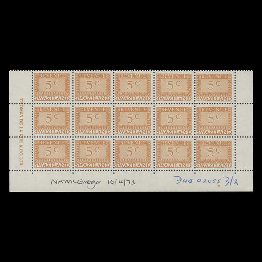 Swaziland 1973 (MNH) 5c Revenue imprint block from DLR archives