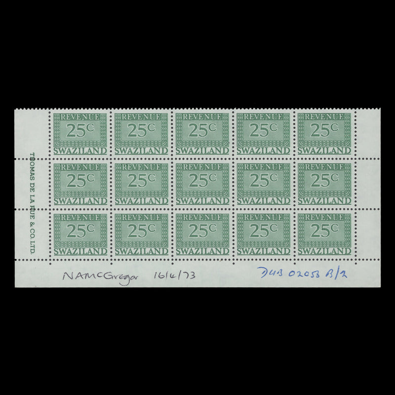 Swaziland 1973 (MNH) 25c Revenue imprint block from DLR archives