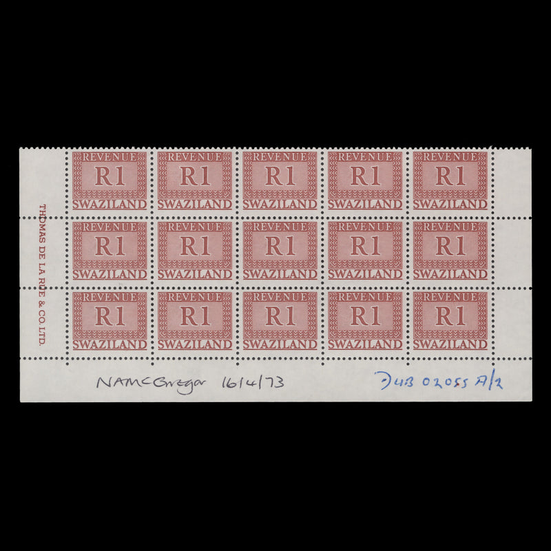 Swaziland 1973 (MNH) R1 Revenue imprint block from DLR archives