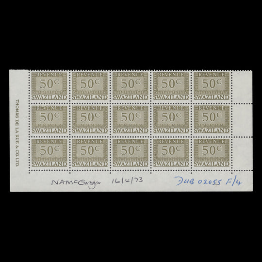 Swaziland 1973 (MNH) 50c Revenue imprint block from DLR archives