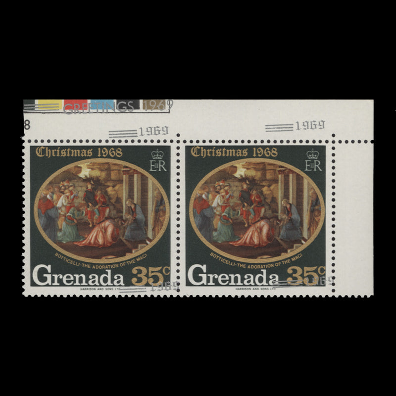 Grenada 1969 (Variety) 35c Christmas pair with silver overprint shift