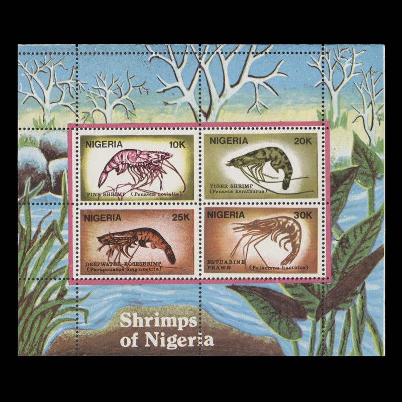 Nigeria 1988 (Variety) Shrimps miniature sheet with perforation shift