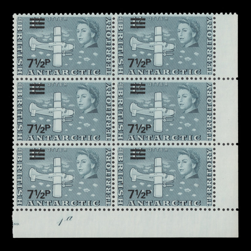 British Antarctic Territory 1971 (MNH) 7½p/1s Otter plate 1a block
