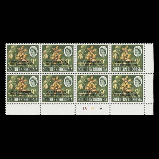 Rhodesia 1966 (Variety) 9d Ansellia Orchid block with overinked overprint