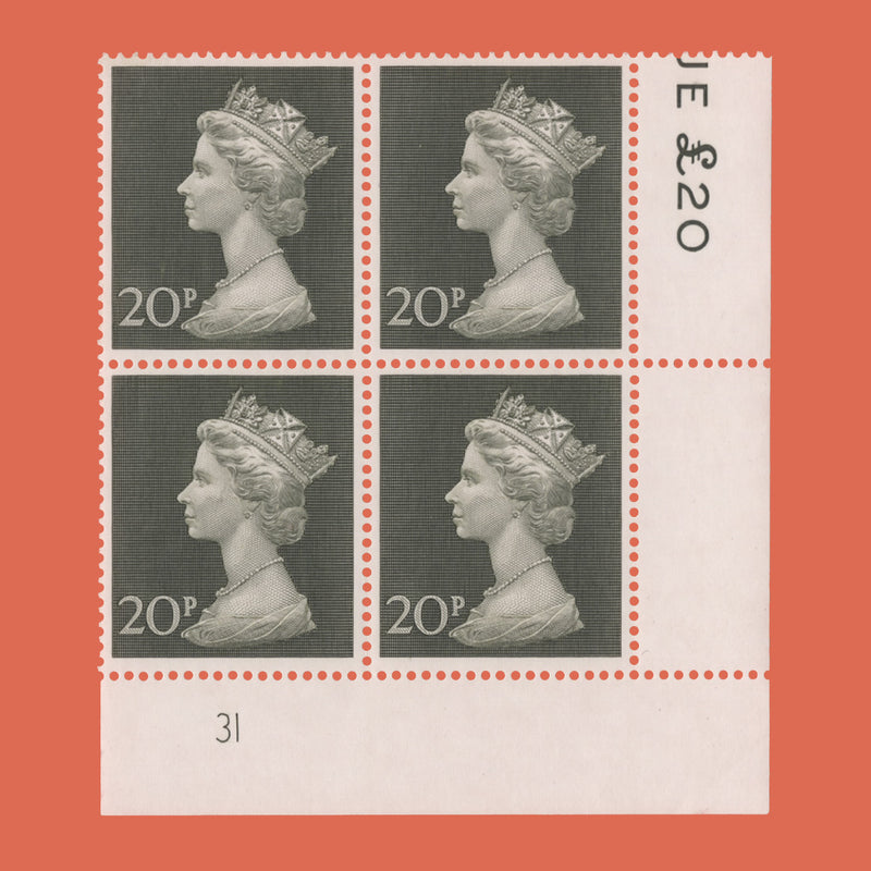 Great Britain 1970 (MNH) 20p Olive-Green plate 31 block
