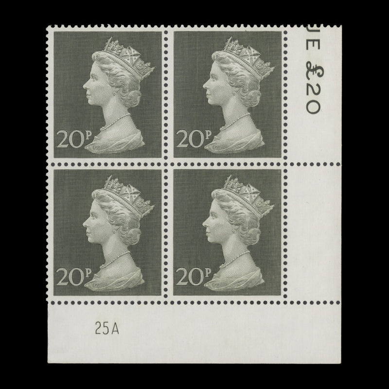 Great Britain 1970 (MNH) 20p Olive-Green plate 25A block