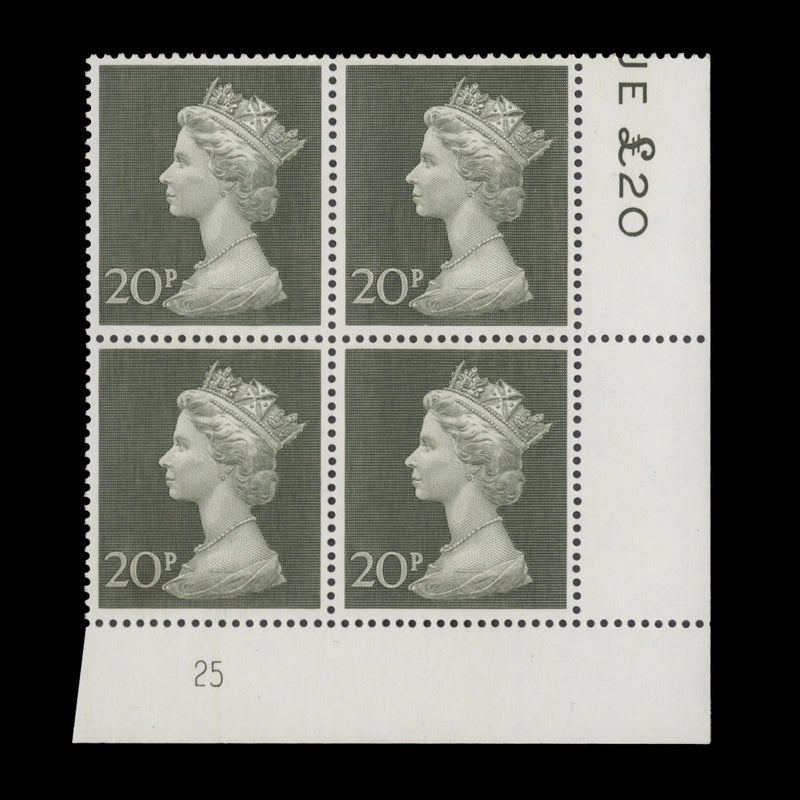 Great Britain 1970 (MNH) 20p Olive-Green plate 25 block