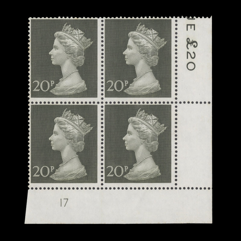 Great Britain 1970 (MNH) 20p Olive-Green plate 17 block