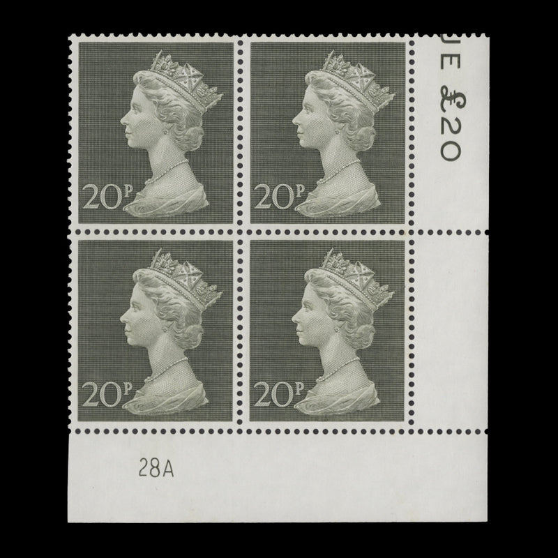 Great Britain 1970 (MNH) 20p Olive-Green plate 28A block