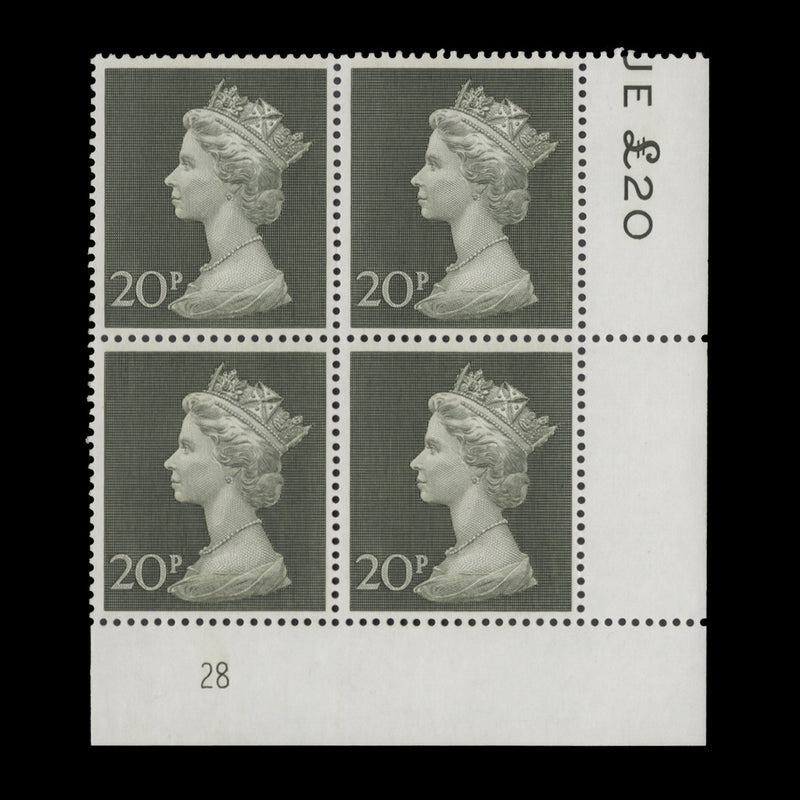 Great Britain 1970 (MNH) 20p Olive-Green plate 28 block