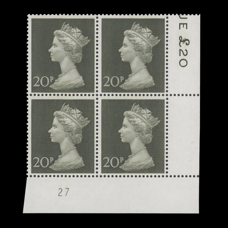 Great Britain 1970 (MNH) 20p Olive-Green plate 27 block