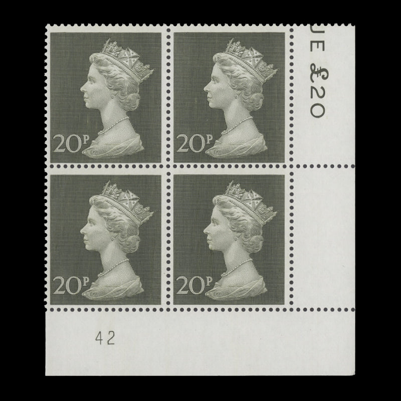 Great Britain 1970 (MNH) 20p Olive-Green plate 42 block