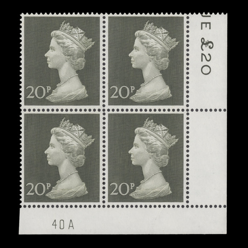 Great Britain 1970 (MNH) 20p Olive-Green plate 40A block