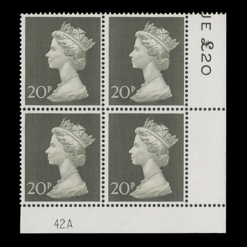 Great Britain 1970 (MNH) 20p Olive-Green plate 42A block