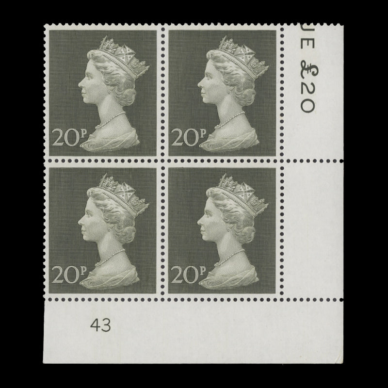 Great Britain 1970 (MNH) 20p Olive-Green plate 43 block