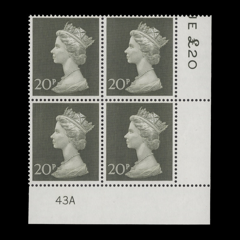 Great Britain 1970 (MNH) 20p Olive-Green plate 43A block