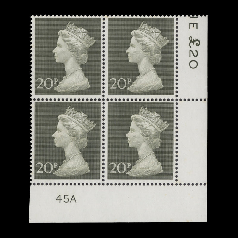 Great Britain 1970 (MNH) 20p Olive-Green plate 45A block