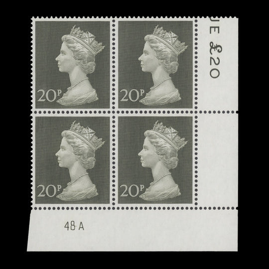 Great Britain 1970 (MNH) 20p Olive-Green plate 48A block