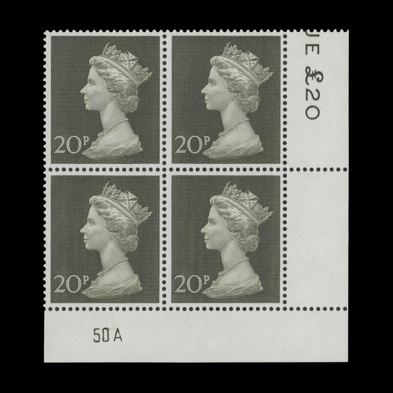 Great Britain 1973 (MNH) 20p Olive-Green plate 50A block