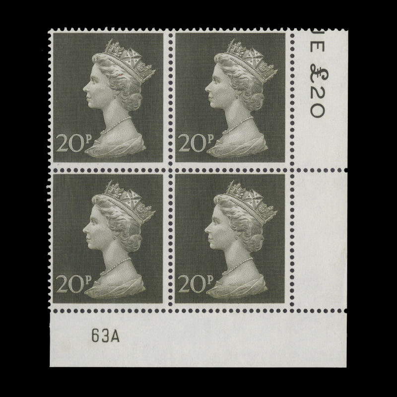 Great Britain 1973 (MNH) 20p Olive-Green plate 63A block