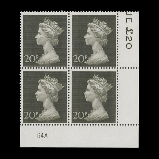 Great Britain 1973 (MNH) 20p Olive-Green plate 64A block
