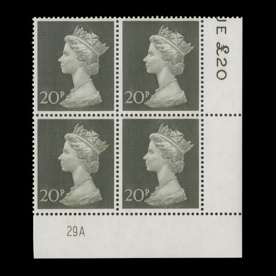Great Britain 1970 (MNH) 20p Olive-Green plate 29A block
