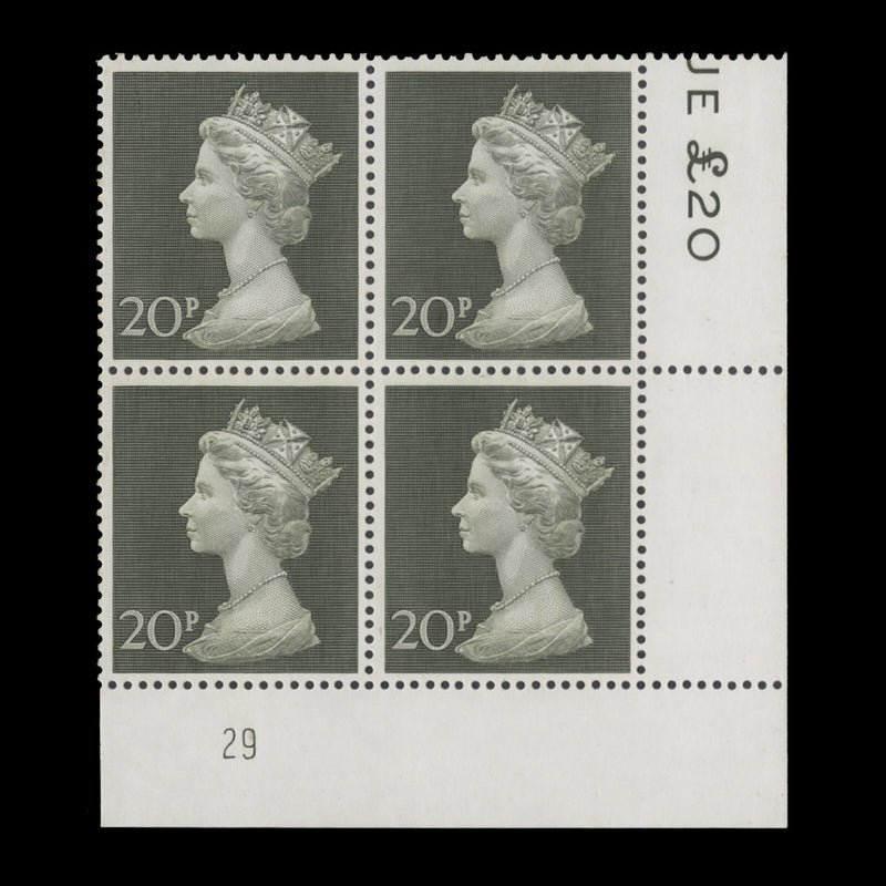 Great Britain 1970 (MNH) 20p Olive-Green plate 29 block