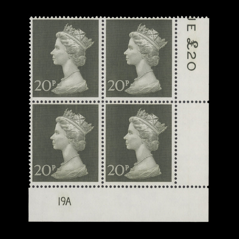 Great Britain 1970 (MNH) 20p Olive-Green plate 19A block