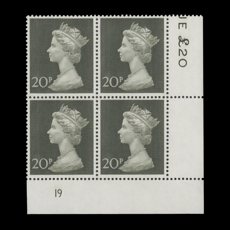 Great Britain 1970 (MNH) 20p Olive-Green plate 19 block